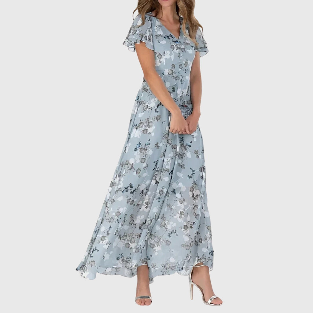 Elegant Floral Maxi Dress for Women with V Neck Ruffle Short Sleeve Chiffon Flowy Style