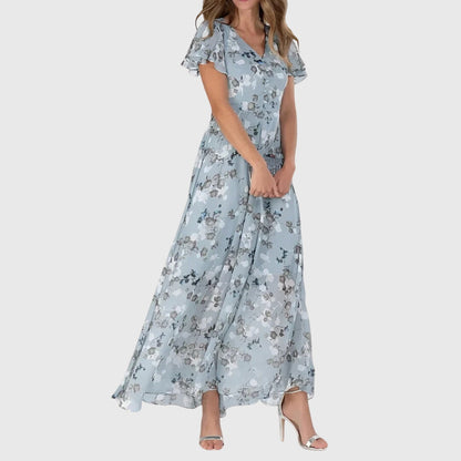 Elegant Floral Maxi Dress for Women with V Neck Ruffle Short Sleeve Chiffon Flowy Style