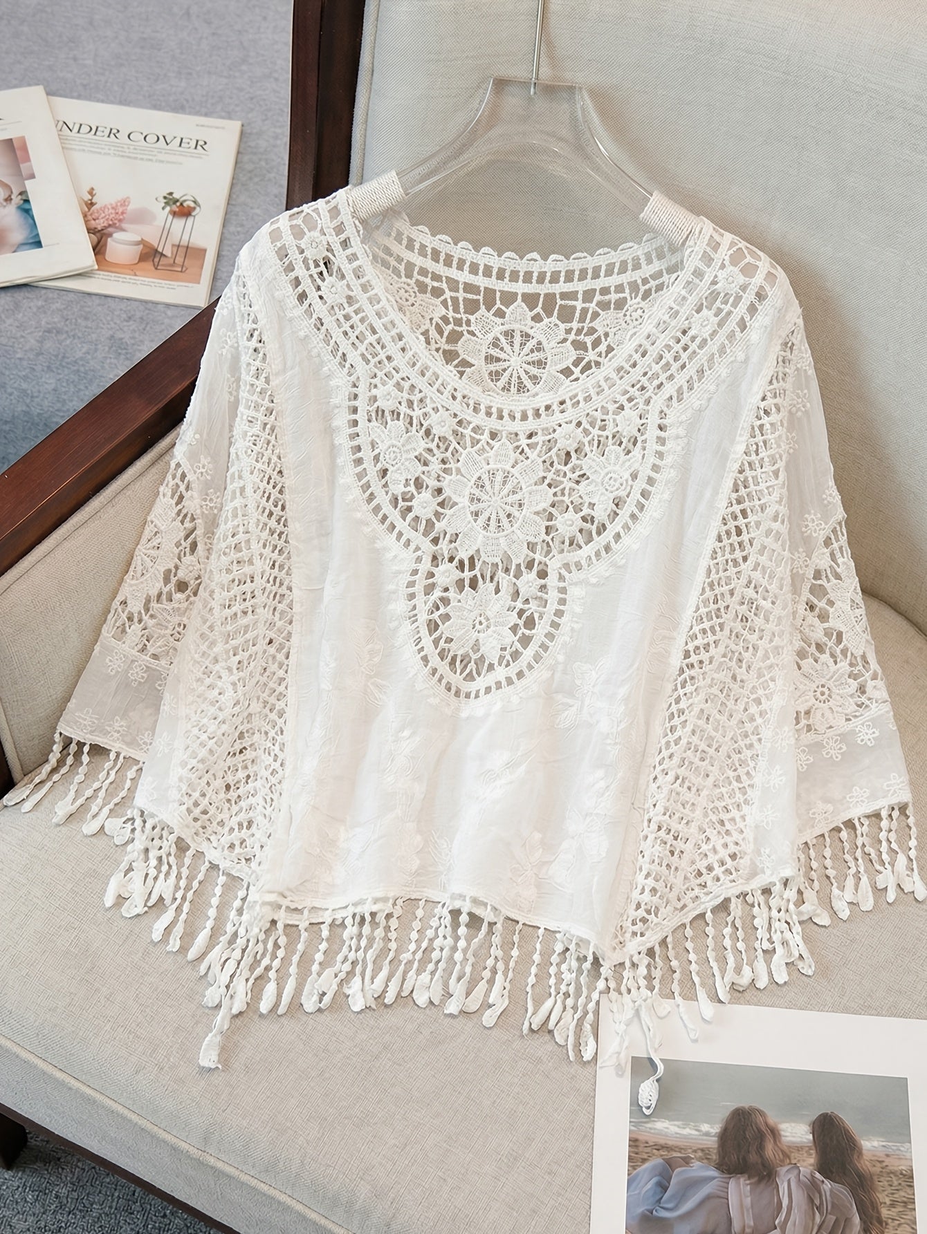 Effortless Cream Poncho Shirt for Women with Crochet Lace Fringe Hem Draped Style