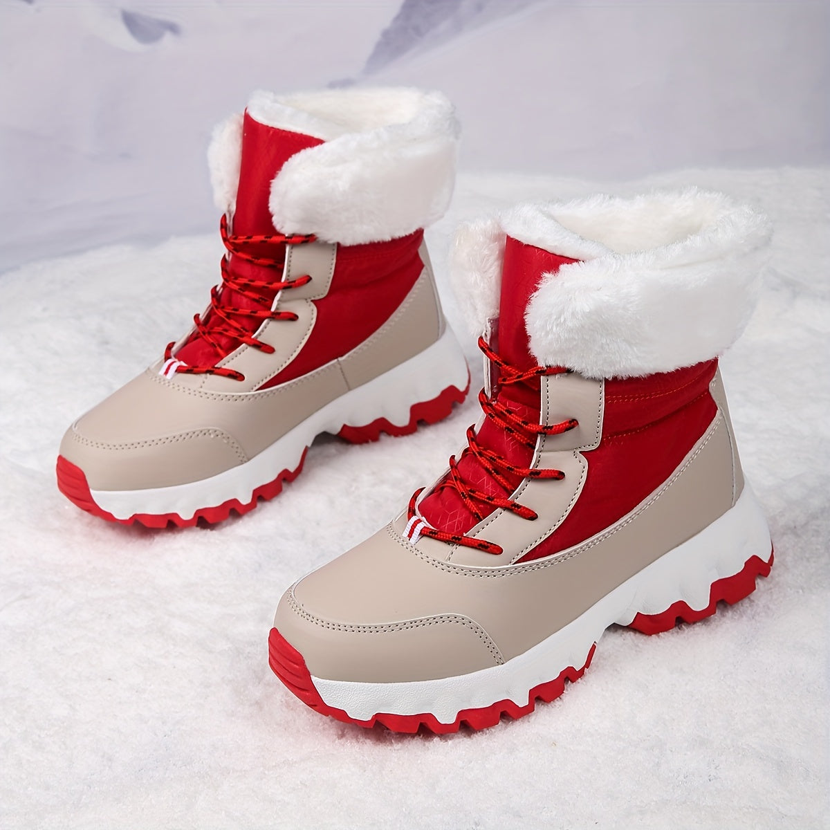 Warm Lace Up Snow Boots for Women with Faux Fur Cuff Chunky Grip Sole Winter Snowproof Style