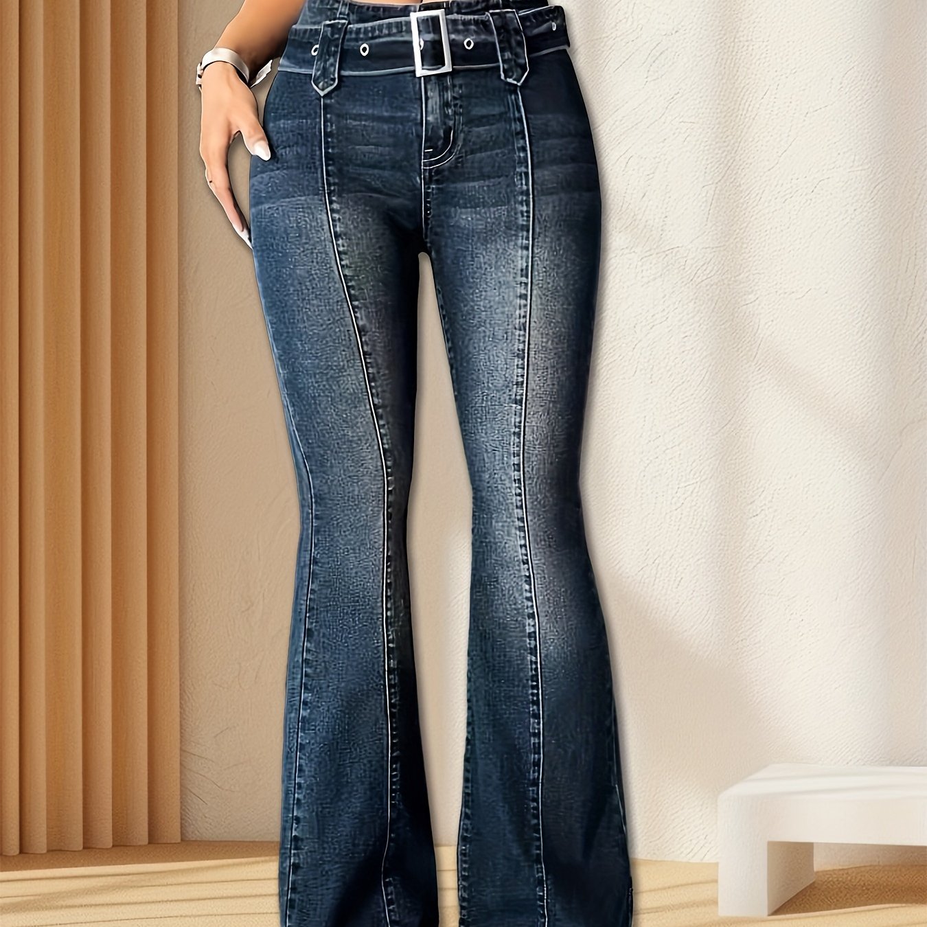 Effortless Dark Blue Flare Jeans for Women with High Waist Belted Contrast Stitch Relaxed Style