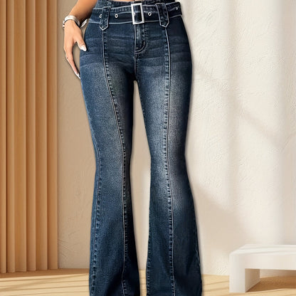 Effortless Dark Blue Flare Jeans for Women with High Waist Belted Contrast Stitch Relaxed Style