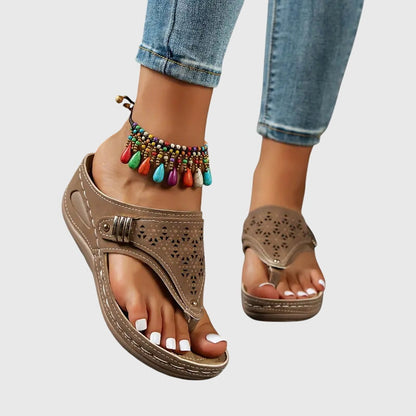 Comfortable Orthopedic Sandals for Women with Laser Cut Wedge Platform Toe Loop Buckle Flip Flop Style