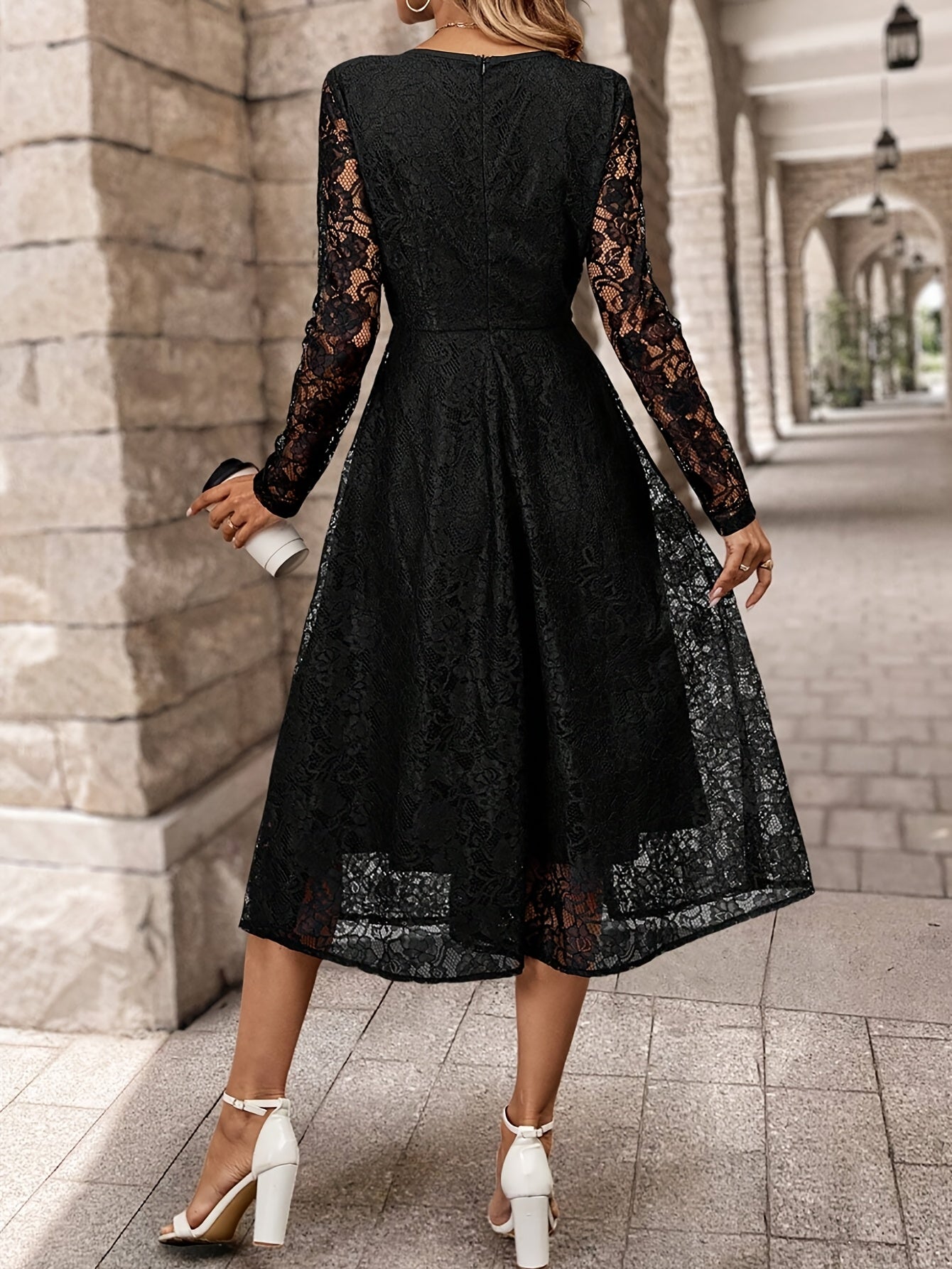 Elegant Black Lace Long Sleeve Wedding Dress for Women with Round Neck Fit And Flare Flowing Style