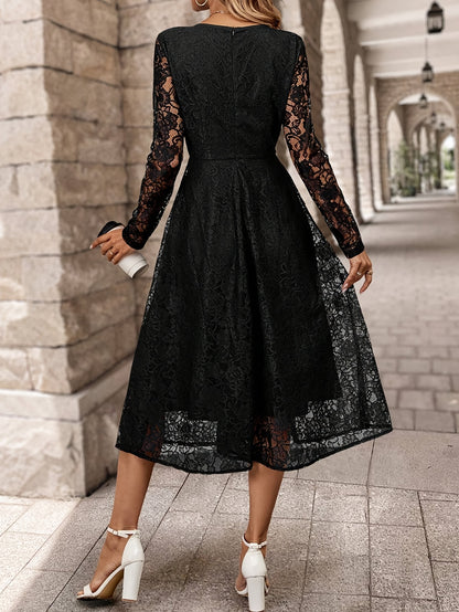 Elegant Black Lace Long Sleeve Wedding Dress for Women with Round Neck Fit And Flare Flowing Style