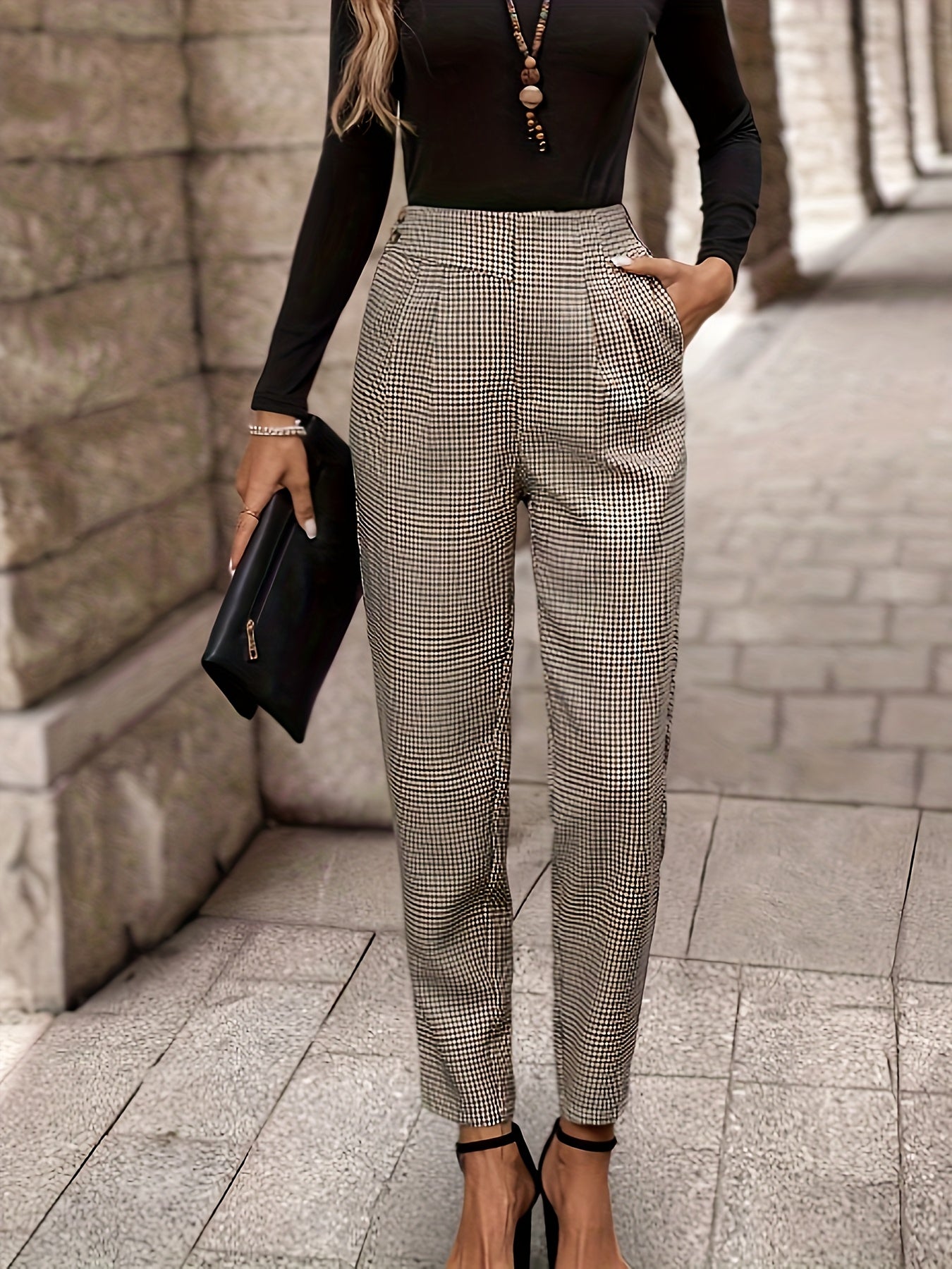 Elegant Houndstooth Chino Pants for Women with High Waist Pleated Tapered Ankle Style