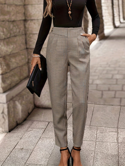 Elegant Houndstooth Chino Pants for Women with High Waist Pleated Tapered Ankle Style