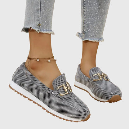 Comfortable Orthopedic Loafers for Women with Gold Horsebit Detail Mesh Knit Slip On Platform Style