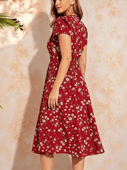 Elegant Burgundy Floral Mini Dress for Women with V Neck Flutter Sleeve Fit and Flare Style