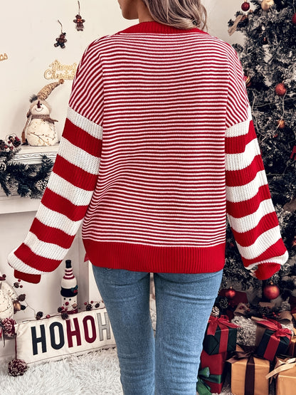 Cozy Red Striped Women's Christmas Sweater for Women with Crew Neck Long Sleeve Drop Shoulder Oversized Knit Style