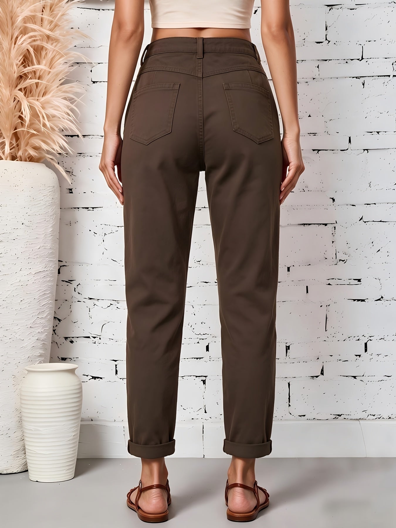 Effortless Coffee Brown Cotton Trousers for Women with High Waist Patch Pocket Cuffed Hem Relaxed Style