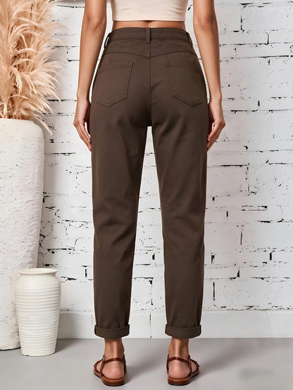 Effortless Coffee Brown Cotton Trousers for Women with High Waist Patch Pocket Cuffed Hem Relaxed Style