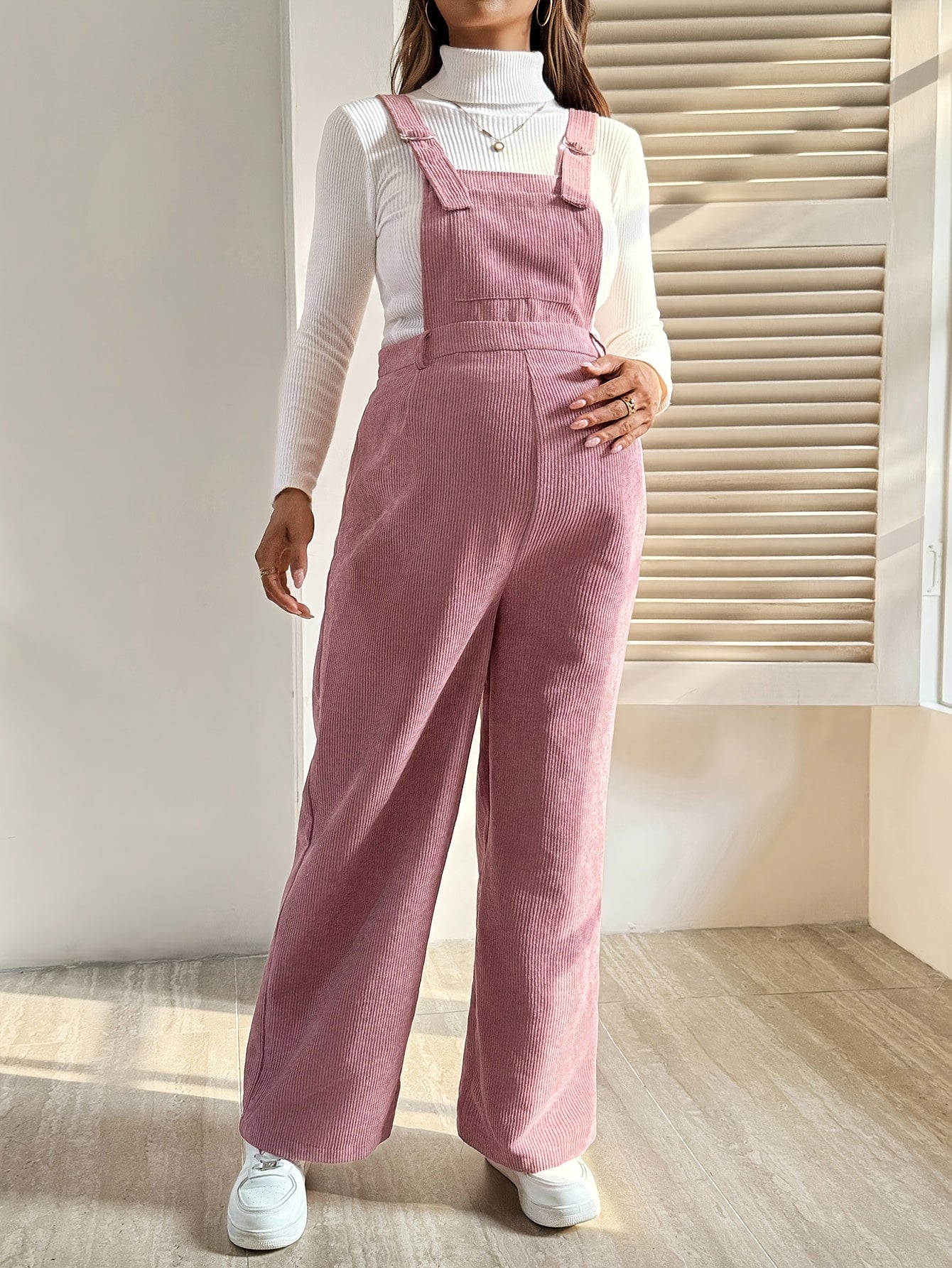 Effortless Corduroy Maternity Overalls for Women with Square Neck Sleeveless Wide Leg Relaxed Style