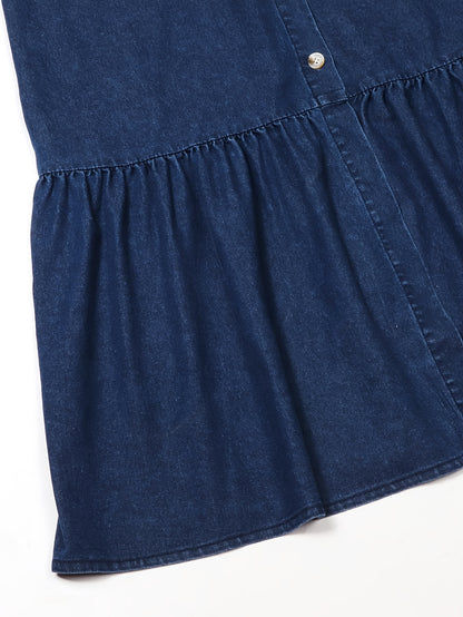 Effortless Blue Denim Dress for Women with Round Neck Elbow Sleeve Button Front Tiered Maxi Style