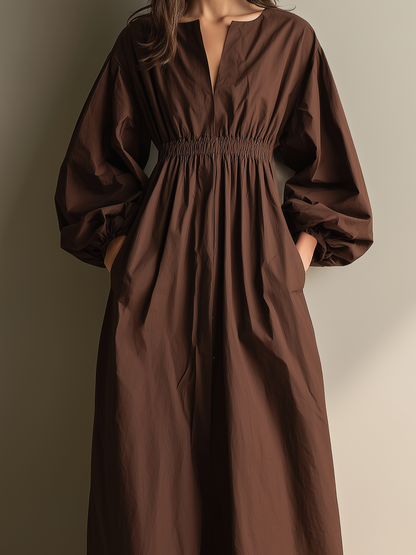 Effortless Brown Maxi Dress for Women with V Neck Puff Sleeve Elastic Waist Linen Flowing Casual Style