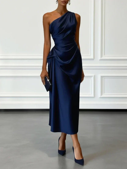 Elegant Champagne Wedding Guest Midi Dress for Women with One Shoulder Ruched Satin Formal Style
