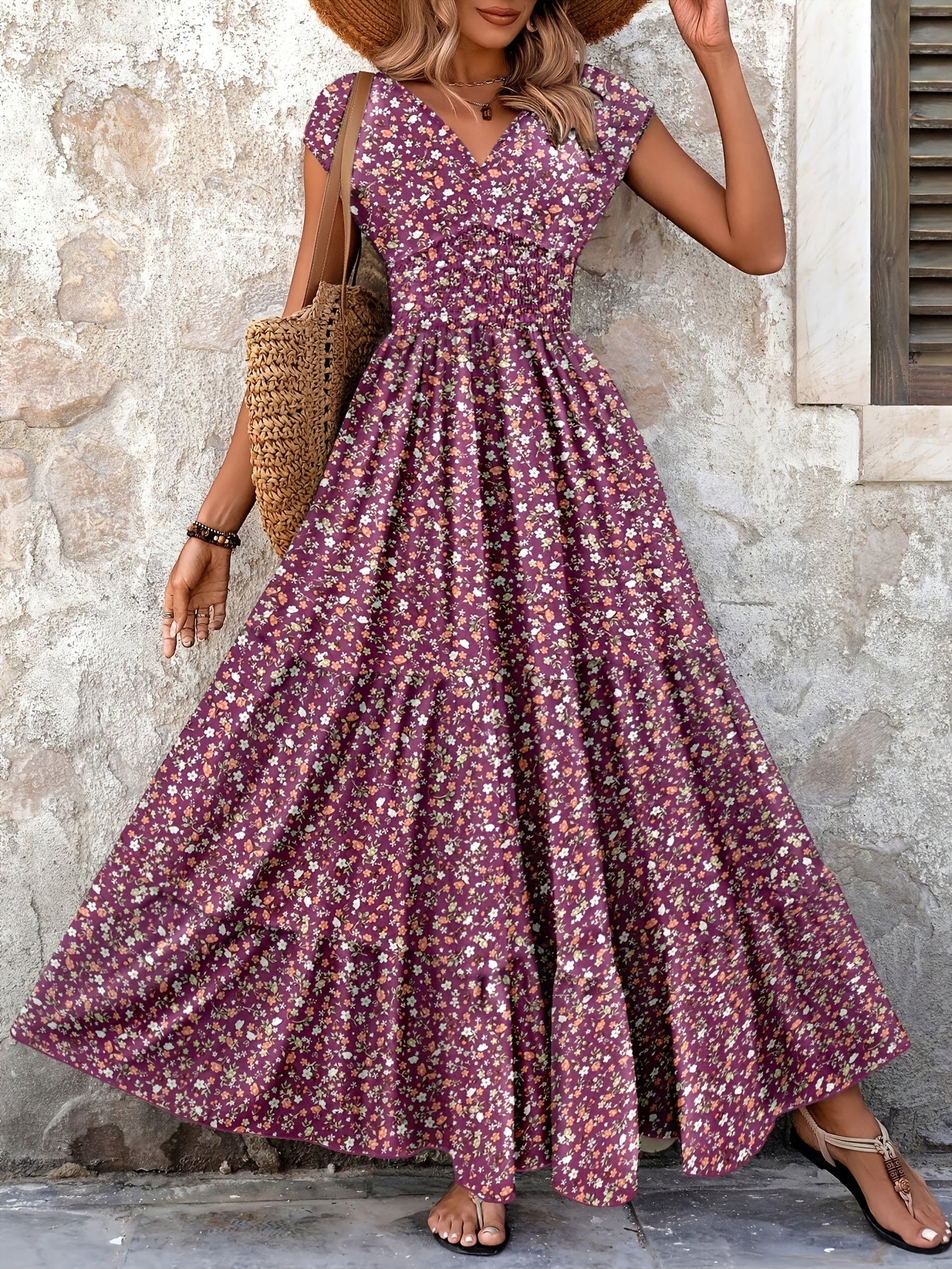 Effortless Floral Boho Dress for Women with V Neck Cap Sleeve Smocked Waist Tiered Flowing Style