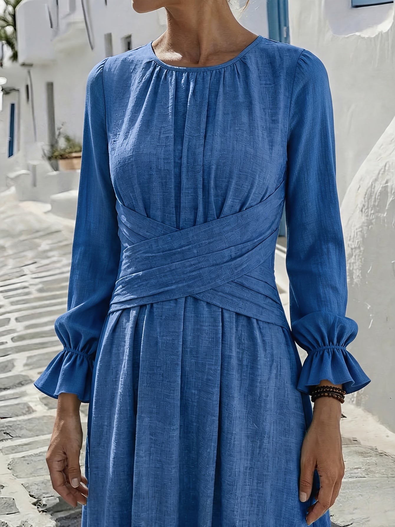 Elegant Blue Long Sleeve Maxi Dress for Women with Round Neck Ruffle Cuff Crisscross Waist Flowing Style