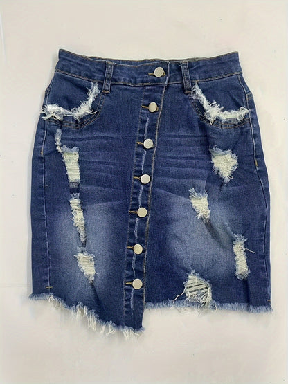 Stylish Blue Denim Mini Skirt for Women with High Waist Ripped Button Front Raw Hem Jean Skirt Style