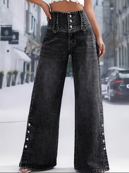 Effortless Black High Waisted Jeans for Women with Button Front Wide Leg Split Hem Style