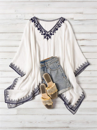 Effortless Poncho Shirt for Women with V Neck Embroidered Trim Draped Batwing Style