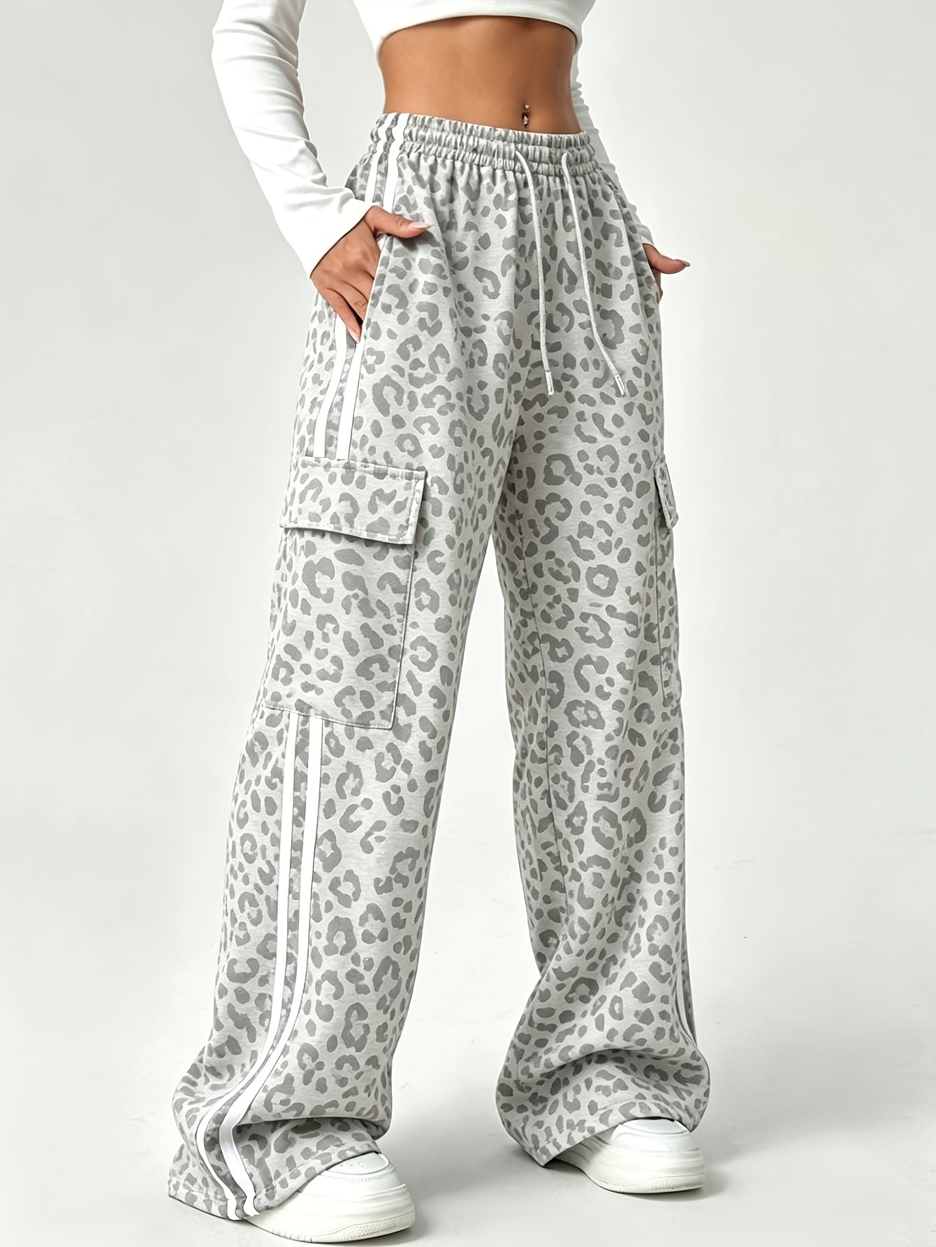 Effortless Leopard Print Cargo Pants for Women with High Waist Drawstring Wide Leg Relaxed Style