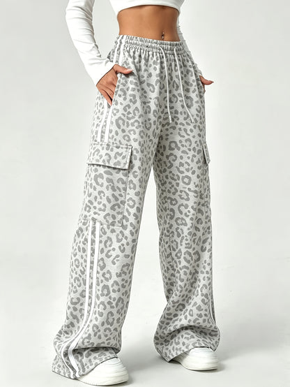 Effortless Leopard Print Cargo Pants for Women with High Waist Drawstring Wide Leg Relaxed Style