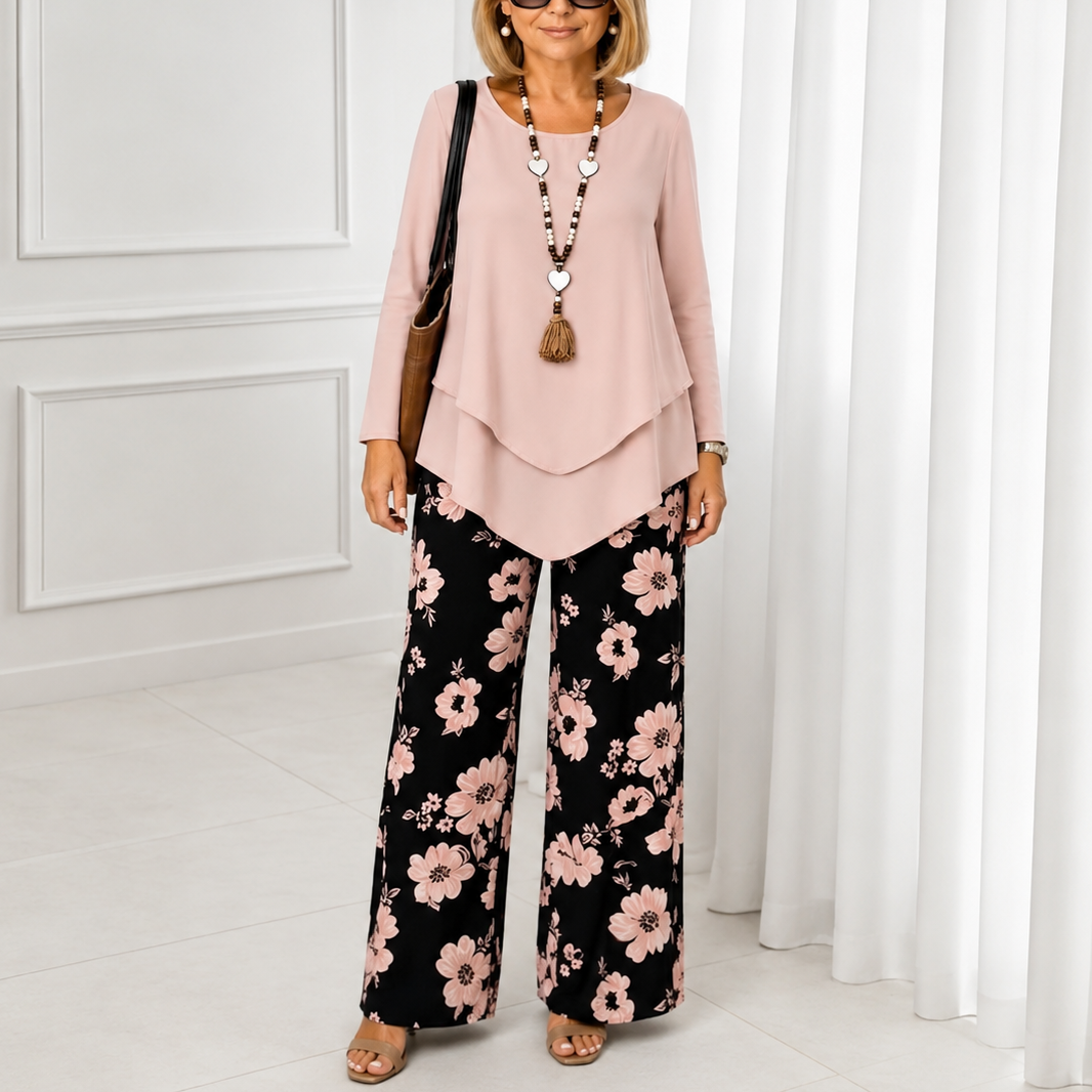 Effortless Floral Wide Leg Set for Women with Round Neck Long Sleeve Layered Hem Two Piece Style