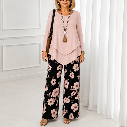 Effortless Floral Wide Leg Set for Women with Round Neck Long Sleeve Layered Hem Two Piece Style