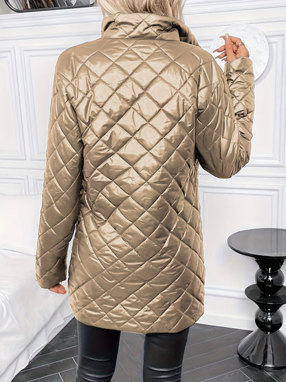 Elegant Coffee Brown Quilted Coat for Women with Stand Collar Long Sleeve Zip Front Longline Style