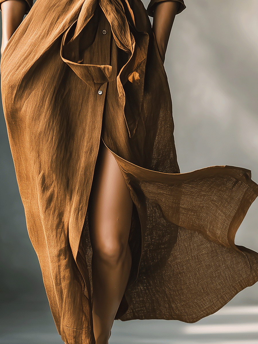 Effortless Brown Shirt Dress for Women with Collar V Neck Tie Waist Long Sleeve Linen Casual Maxi Style