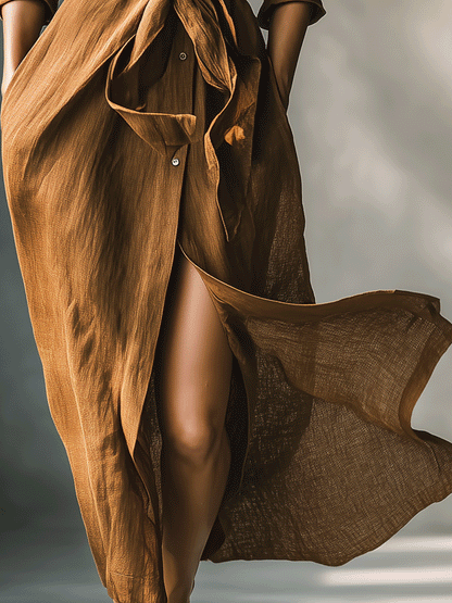Effortless Brown Shirt Dress for Women with Collar V Neck Tie Waist Long Sleeve Linen Casual Maxi Style