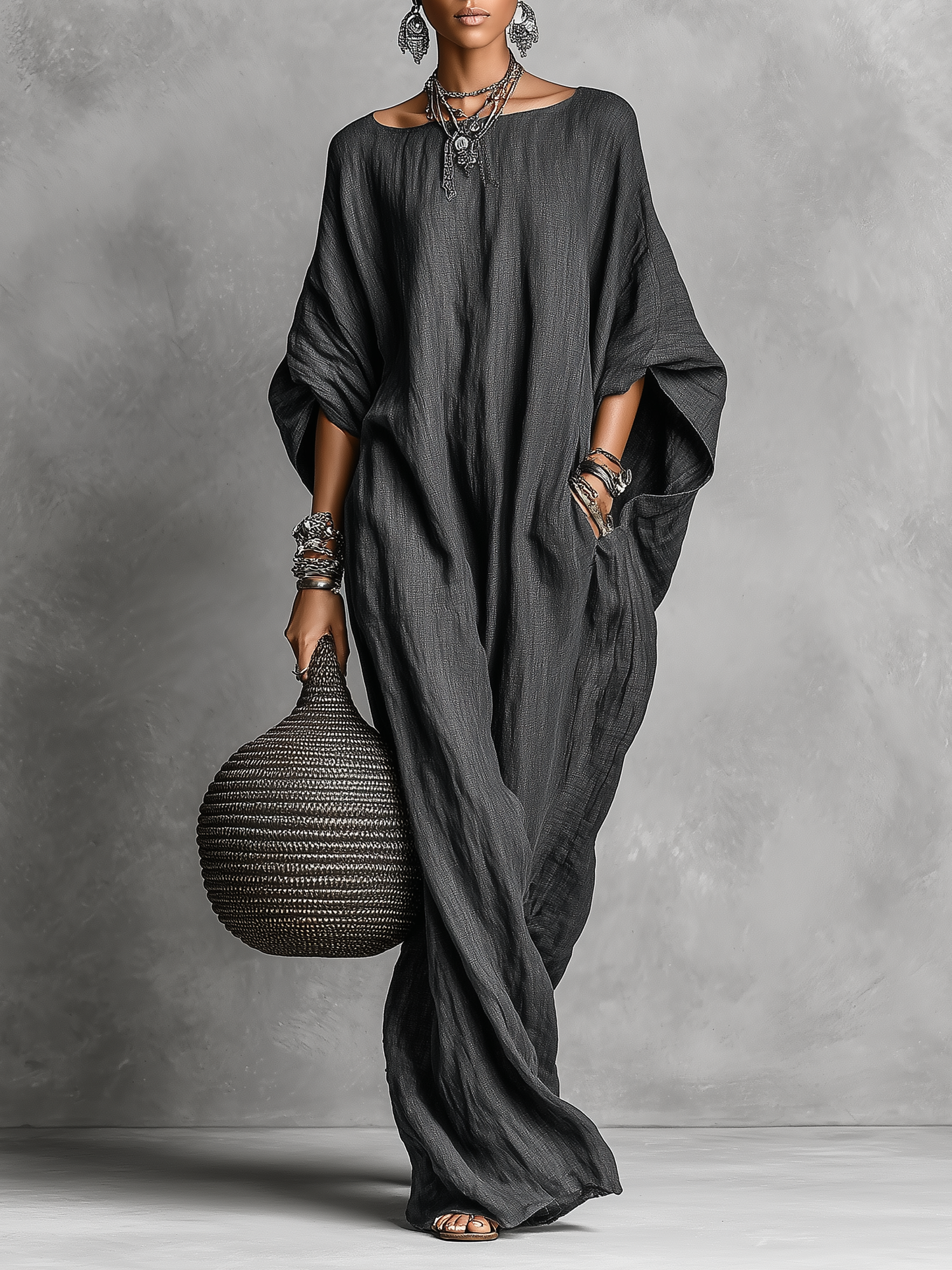 Effortless Gray Maxi Dress for Women with Batwing Sleeve Round Neck Oversized Linen Loose Casual Style