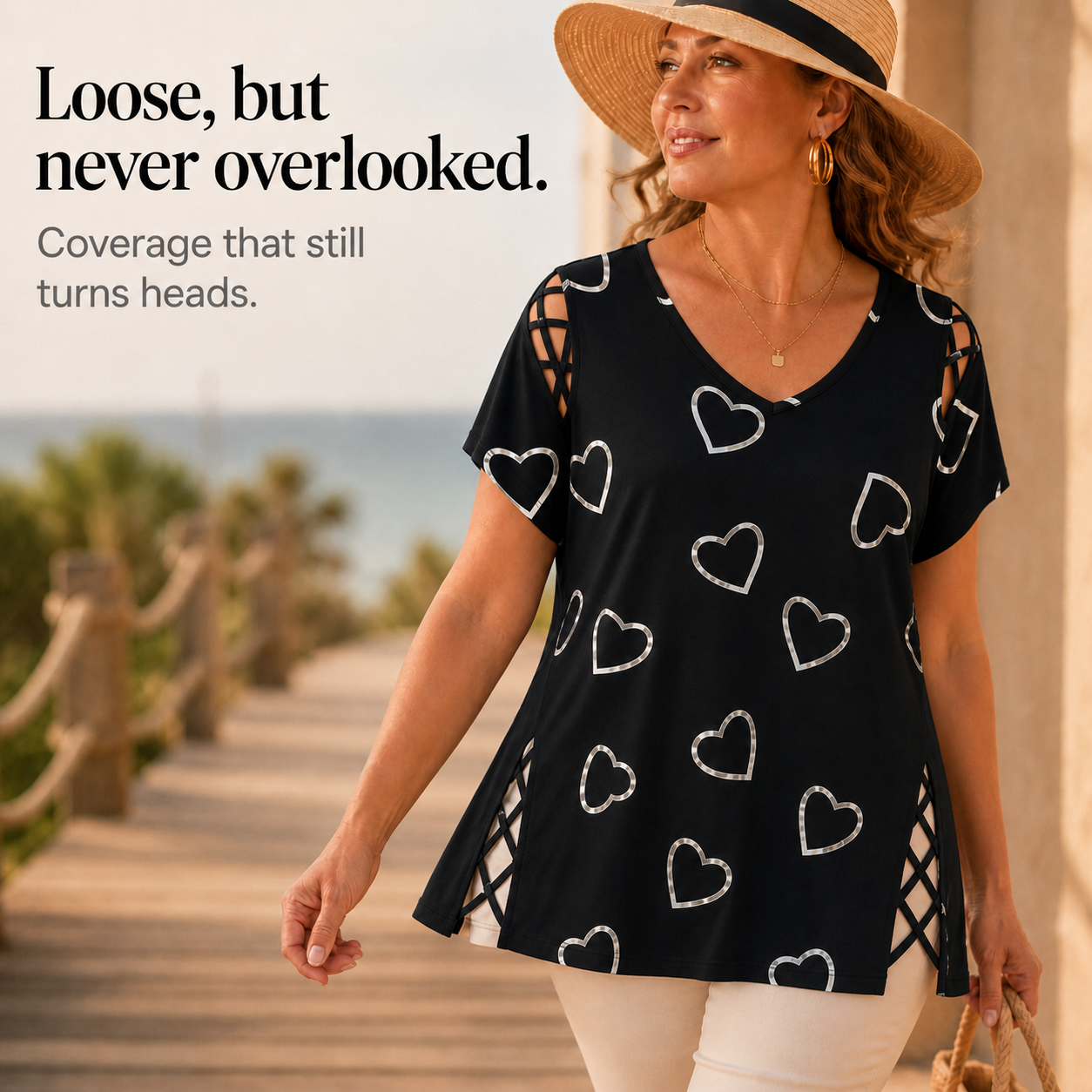 Effortless Heart Print Tunic Top for Women with V Neck Short Sleeve Cutout Shoulder Casual Style