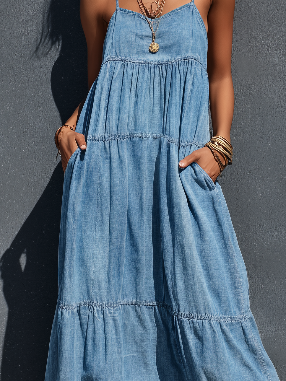 Effortless Blue Denim Maxi Dress for Women with Spaghetti Strap V Neck Tiered Skirt Loose Casual Summer Style
