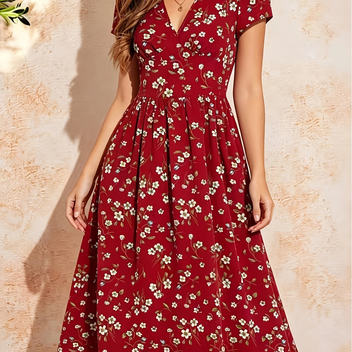 Elegant Burgundy Floral Mini Dress for Women with V Neck Flutter Sleeve Fit and Flare Style