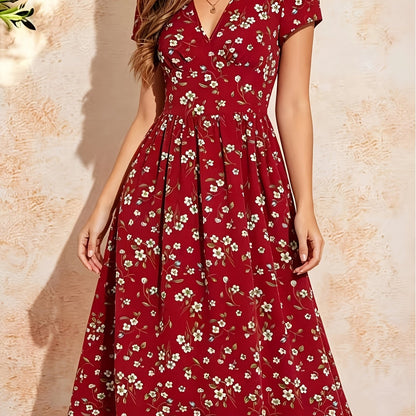 Elegant Burgundy Floral Mini Dress for Women with V Neck Flutter Sleeve Fit and Flare Style