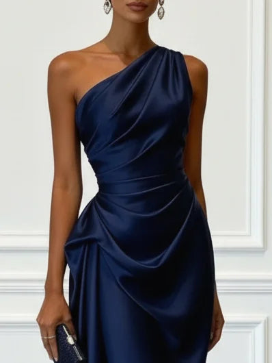 Elegant Champagne Wedding Guest Midi Dress for Women with One Shoulder Ruched Satin Formal Style