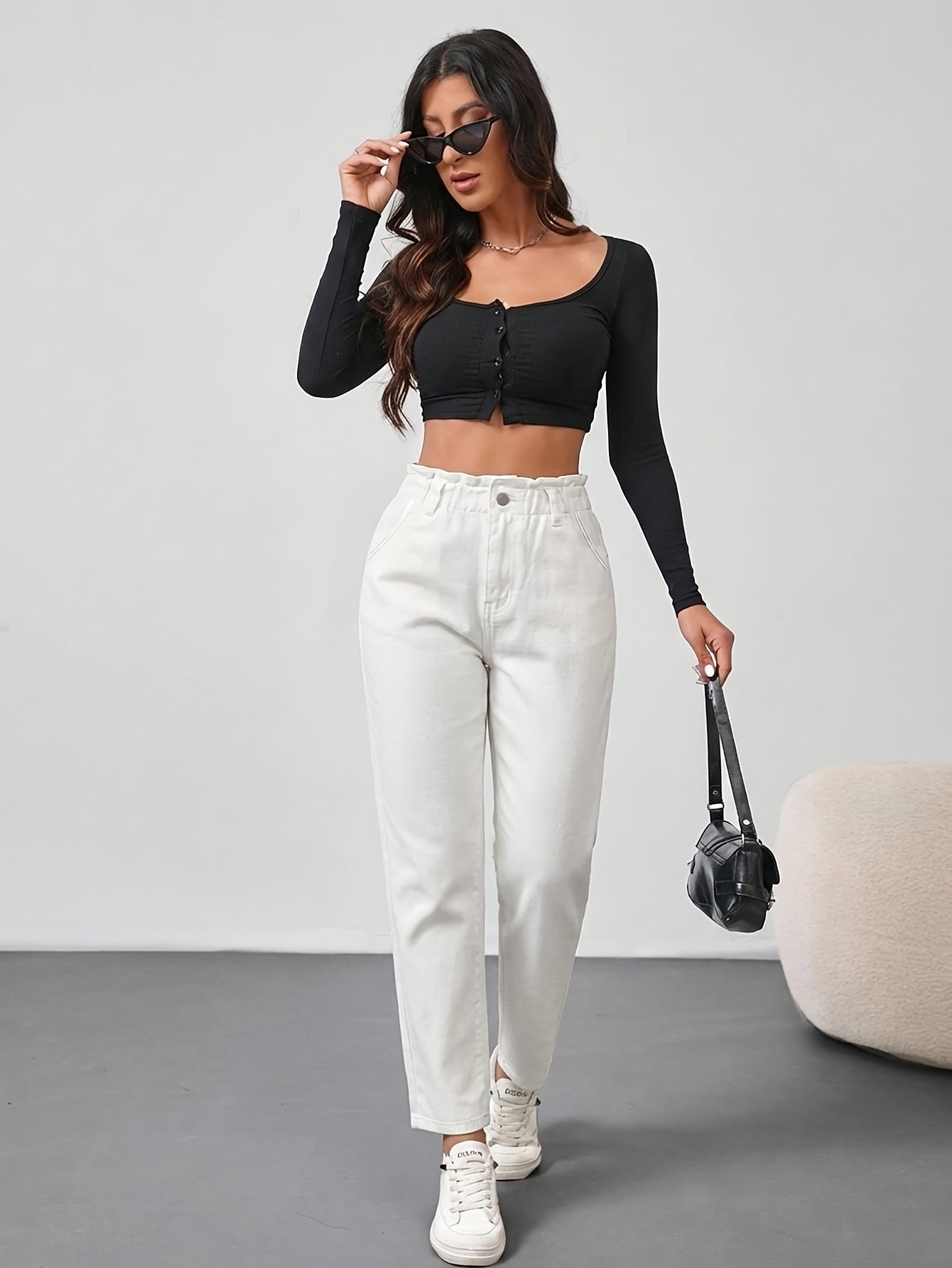 Effortless White Jeans for Women with Paperbag Waist Tapered Ankle Length Casual Style