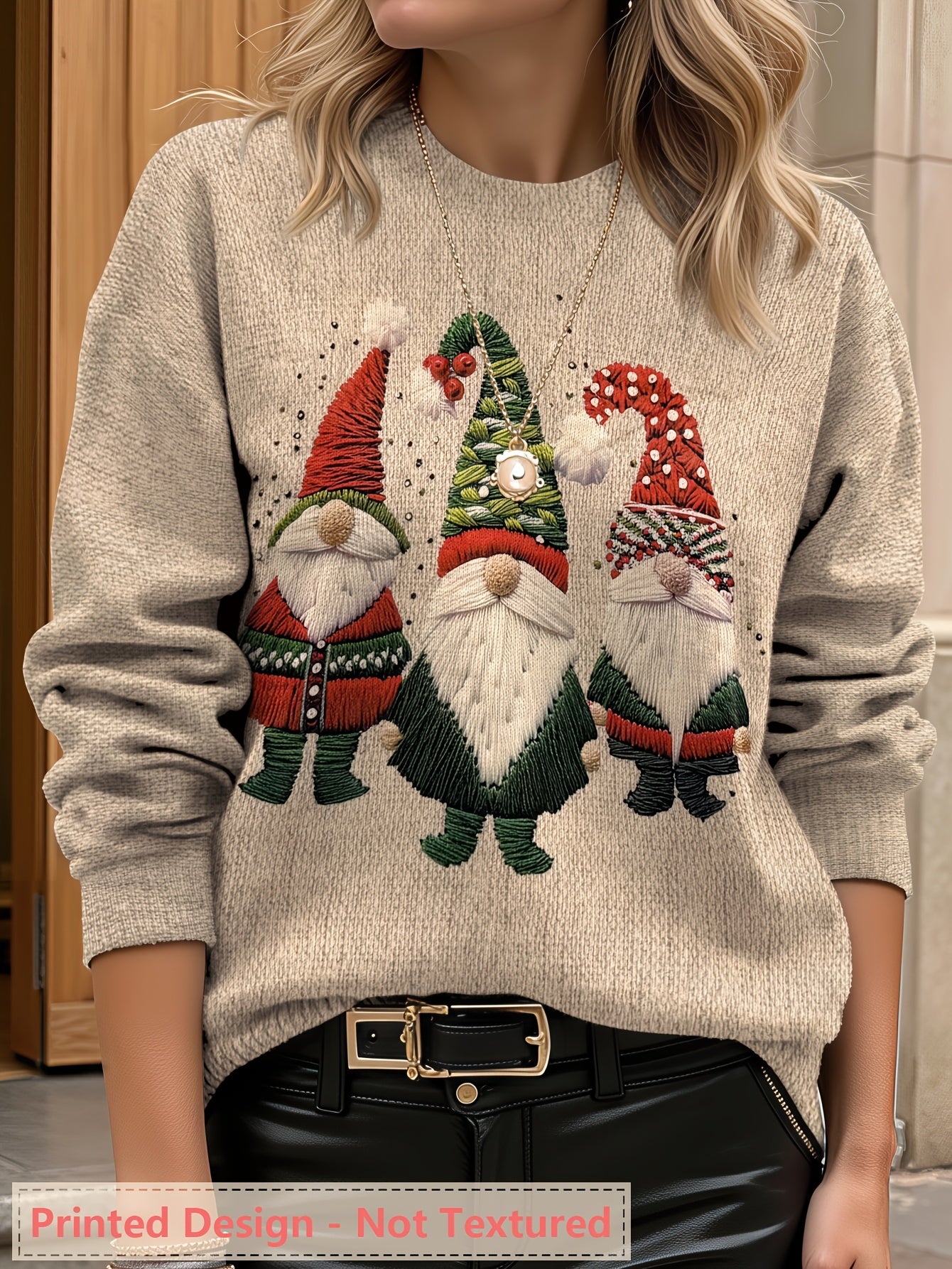 Cozy Embroidered Gnome Print Women's Christmas Sweater with Crew Neck Long Sleeve Oversized Knit Style