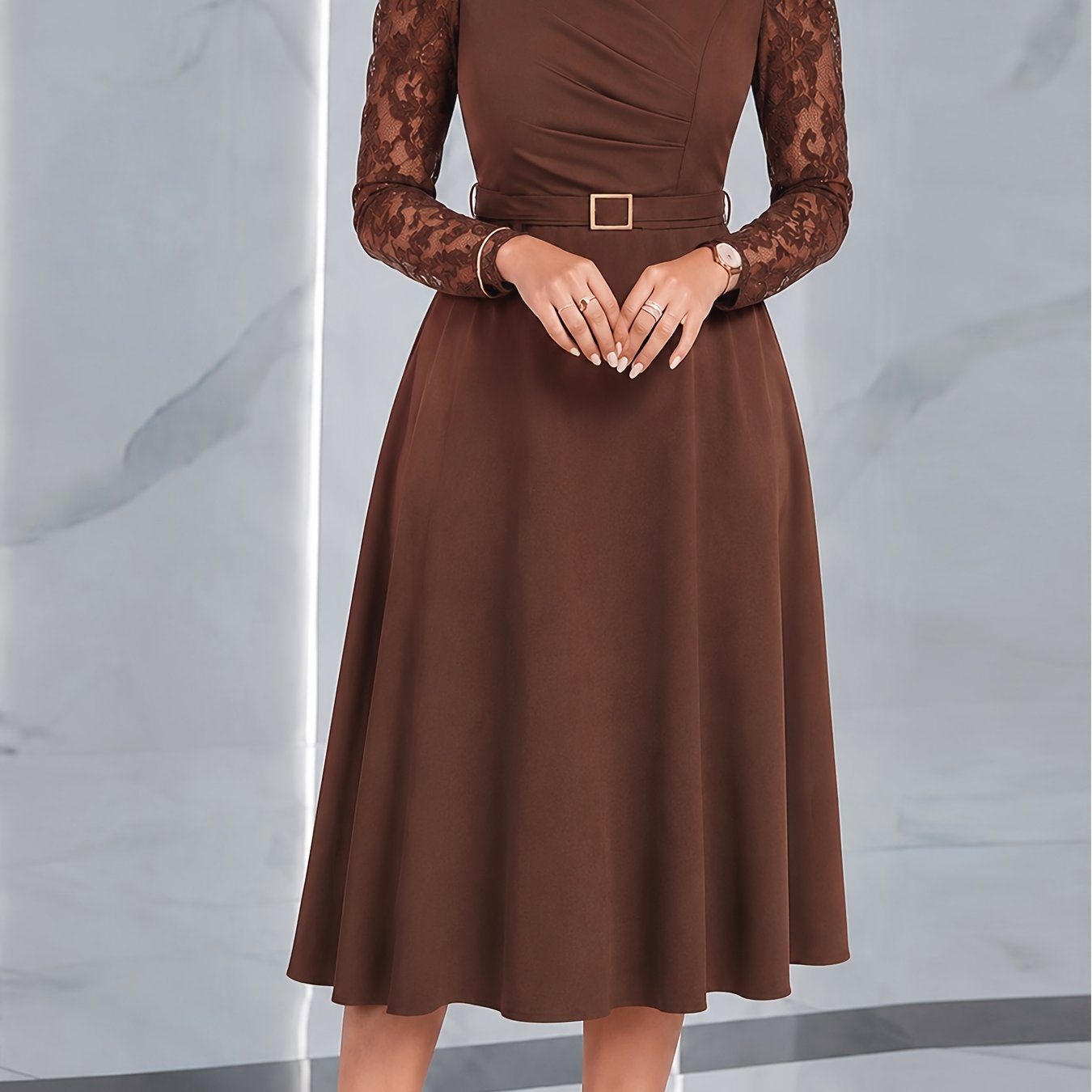 Elegant Brown Semi Formal Dress for Women with V Neck Lace Sleeve Belted Fit and Flare Midi Party Style