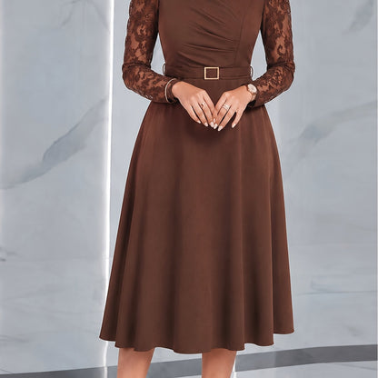 Elegant Brown Semi Formal Dress for Women with V Neck Lace Sleeve Belted Fit and Flare Midi Party Style