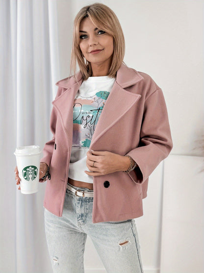 Effortless Pink Pea Coat for Women with Notched Lapel Long Sleeve Double Breasted Cropped Casual Style