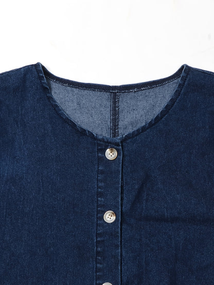 Effortless Blue Denim Dress for Women with Round Neck Elbow Sleeve Button Front Tiered Maxi Style