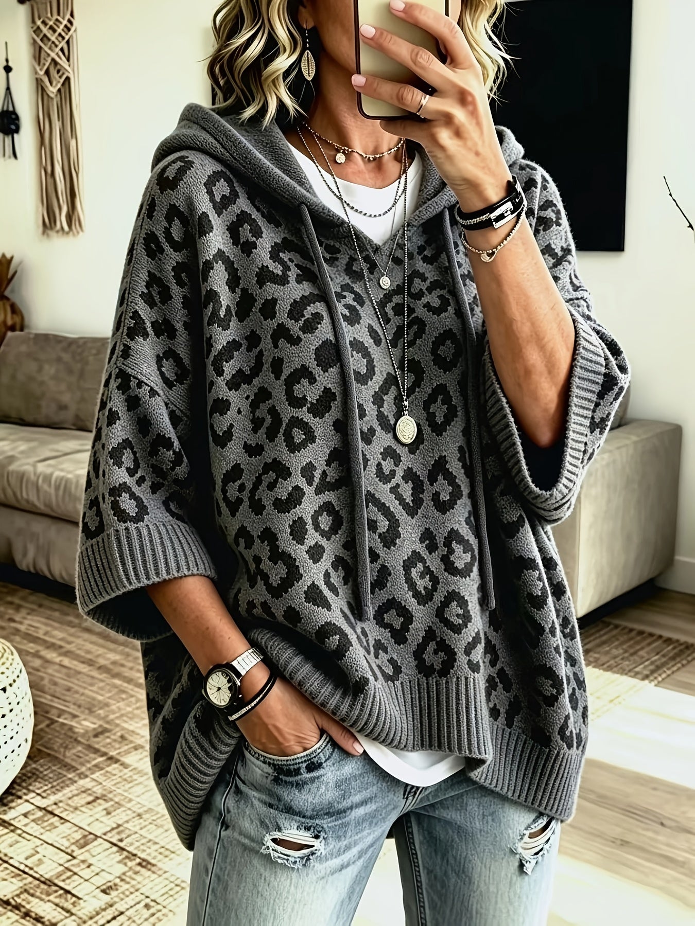 Comfortable Leopard Print Oversized Hoodie for Women with Hooded Neck Batwing Sleeve Drawstring Knit Style