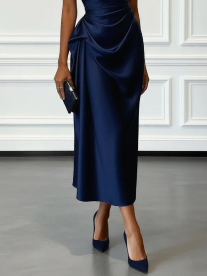 Elegant Champagne Wedding Guest Midi Dress for Women with One Shoulder Ruched Satin Formal Style