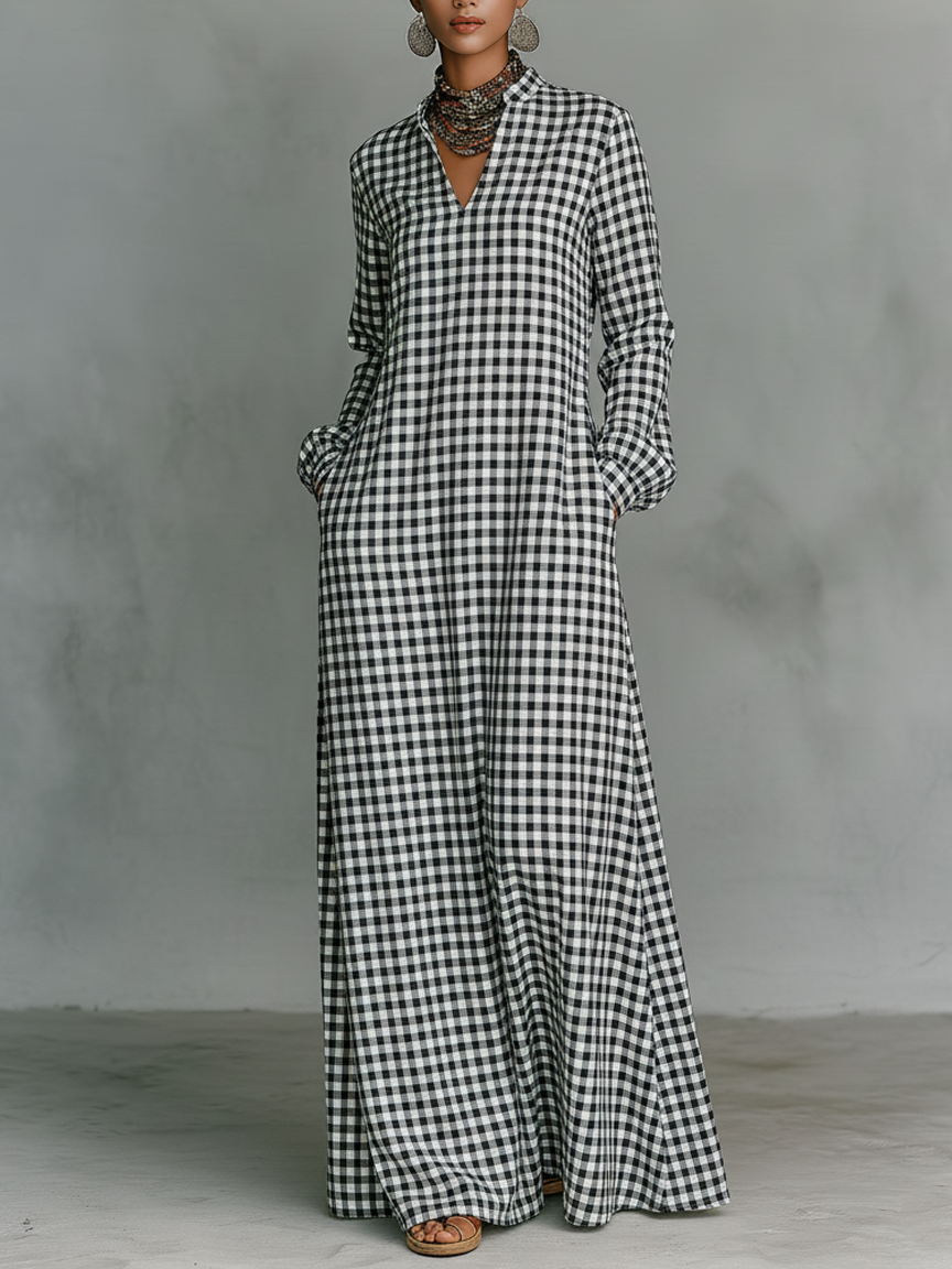Effortless Plaid Maxi Dress for Women with V Neck Long Sleeve Oversized Casual Shirt Dress Style