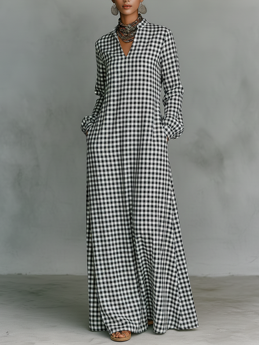 Effortless Plaid Maxi Dress for Women with V Neck Long Sleeve Oversized Casual Shirt Dress Style