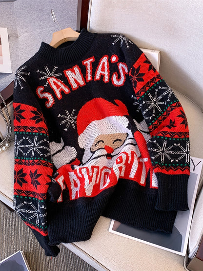 Cozy Black Santa Christmas Tacky Sweater for Women with Crew Neck Long Sleeve Oversized Knit Style