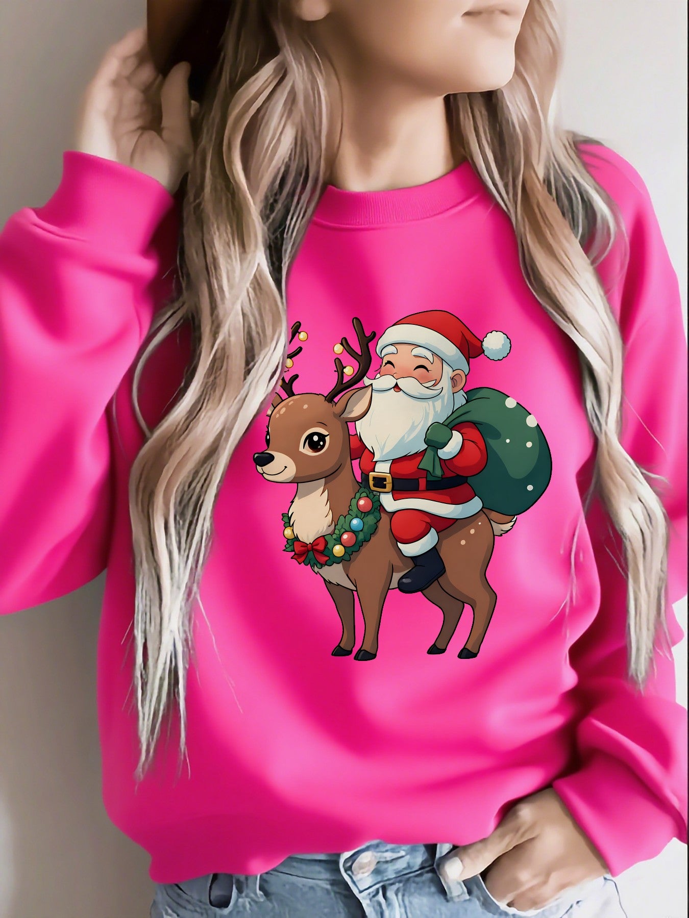 Cozy Graphic Christmas Tacky Sweater for Women with Crew Neck Long Sleeve Santa Reindeer Print Pullover Style